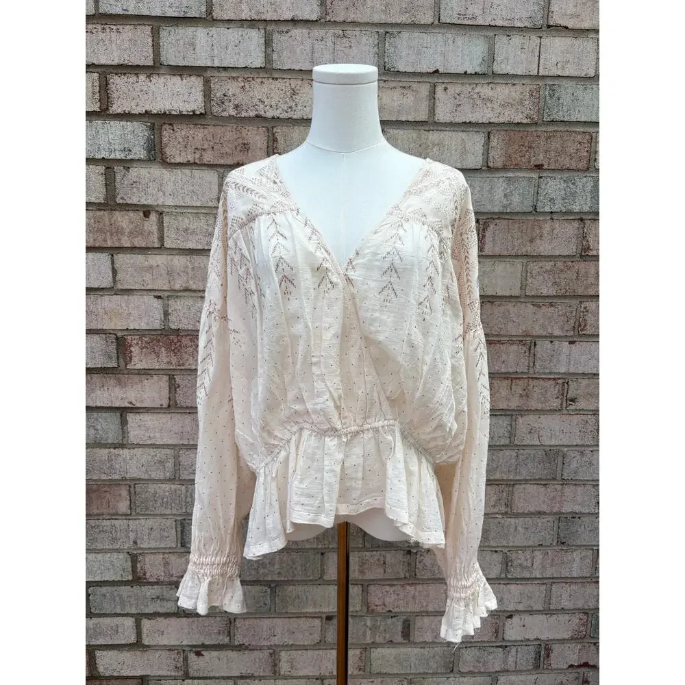 Free People Counting Stars Peplum Top Large Cream Gold Metallic Ruffle Peasant